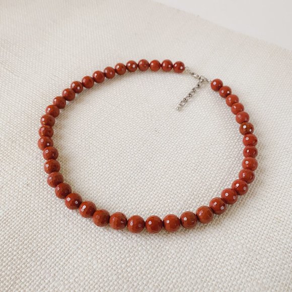 Red Jasper Gemstone Brick Red Disco Faceted Round Beaded Simple Collar Necklace - Picture 2 of 11